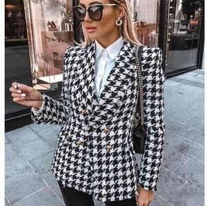 Zara Houndstooth Double Breasted Blazer Jacket Tweed Black And White Size XL